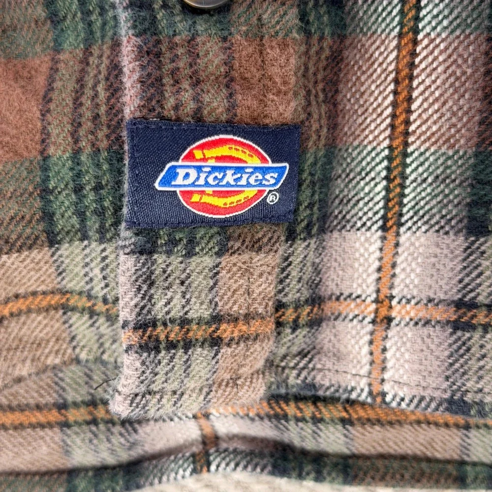Dickies Mens 2XL Plaid Flannel Shirt Brown Green Long Sleeve Cotton Workwear